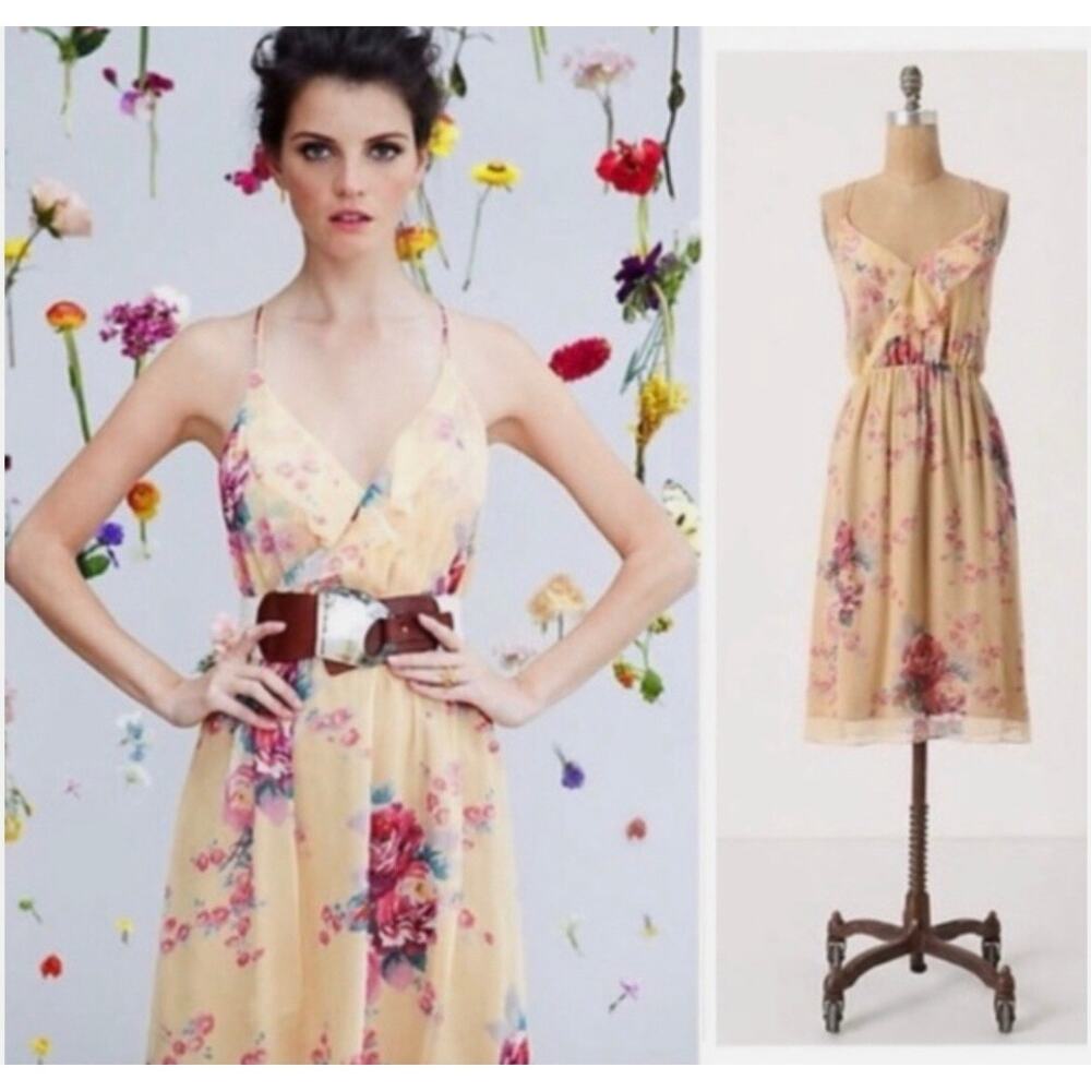 ANTHROPOLOGIE Meadow Rue Roses & Gold Silk Slip Dress Size 6 Yellow Tie Back